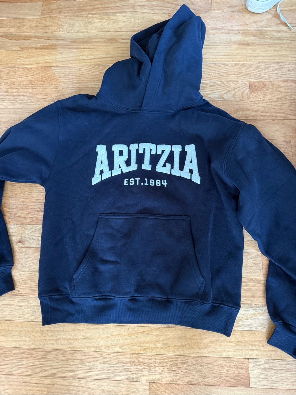Aritzia Admiral Navy Pullover Hoodie with White Chenille Lettering